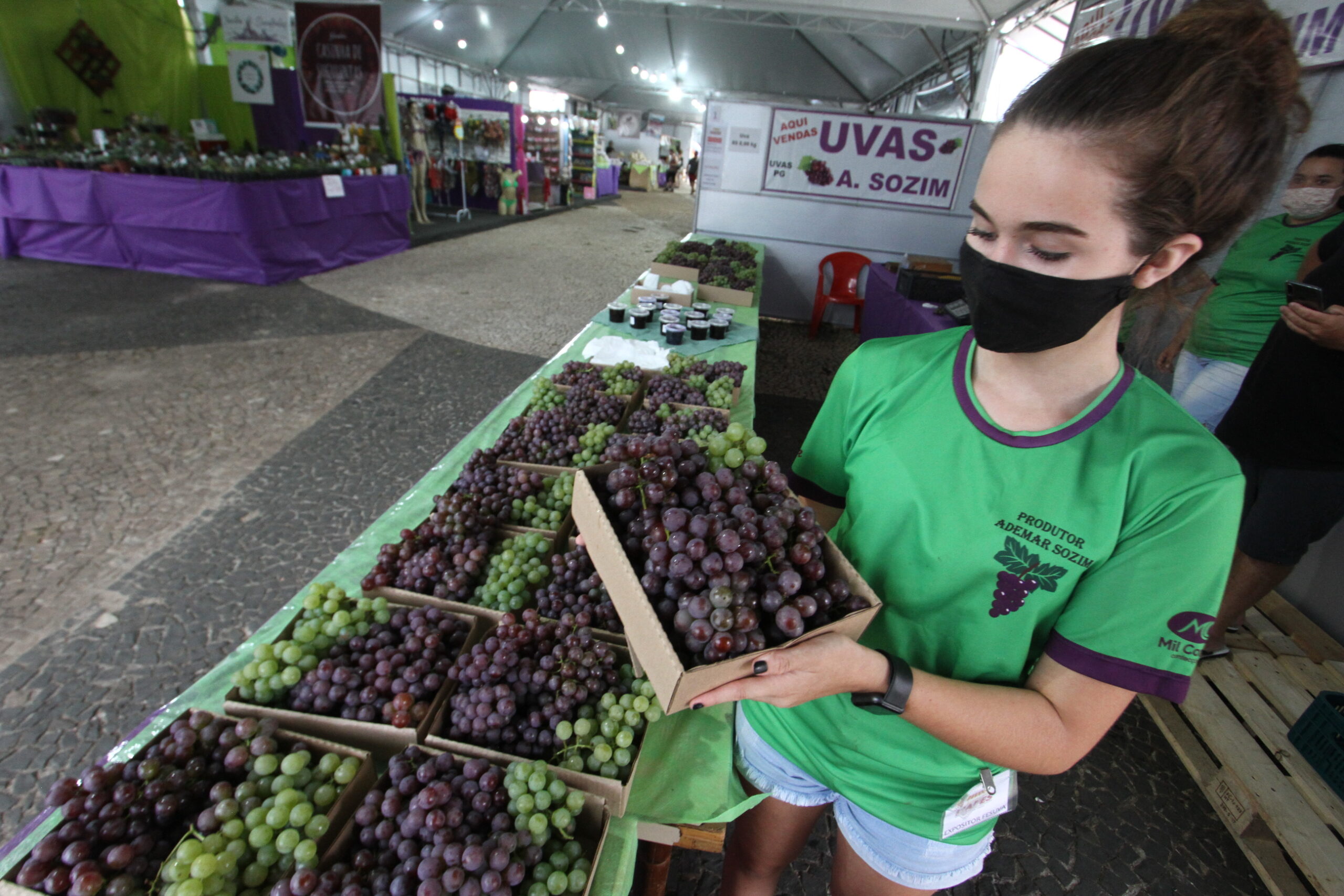 Feirante mostra caixa de uvas na Fesuva em Ponta Grossa