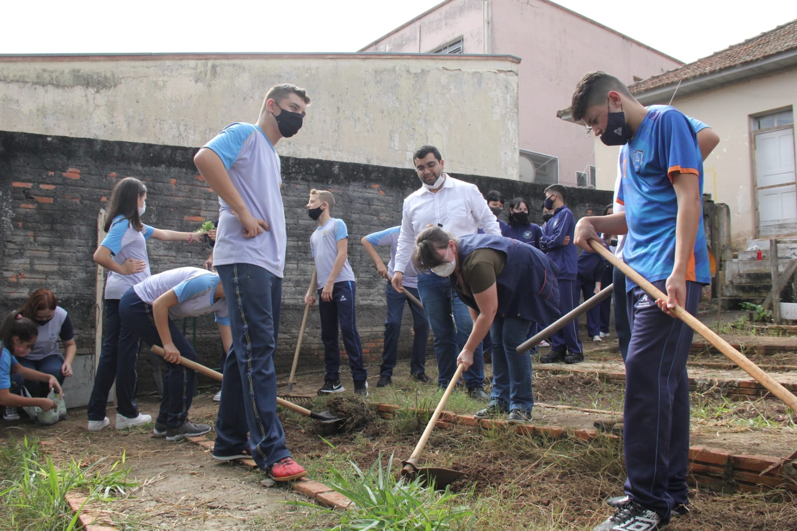 Foto de alunos trabalhando em horta, em projeto de empreendedorismo realizado no colégio cívico-militar José Elias da Rocha, em Ponta Grossa