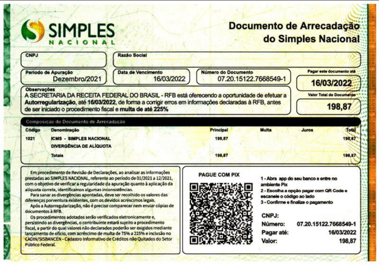 Exemplo do documento falso que busca aplicar um golpe com o nome do Simples Nacional
