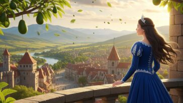 Princesa observando seu reino, da sacada de seu castelo, tendo um abacateiro ao lado