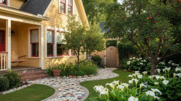 casa simpática, cara de “casa de vó”: cumeeira alta, calçadas de coloridos cacos de azulejos, quintal com árvores frutíferas, copos-de-leite