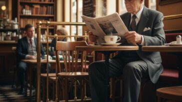 Idoso lendo jornal no interior de uma cafeteria