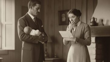 Mulher se assustando com a leitura de um documento, enquanto, à sua frente, um homem de terno segura um bebẽ