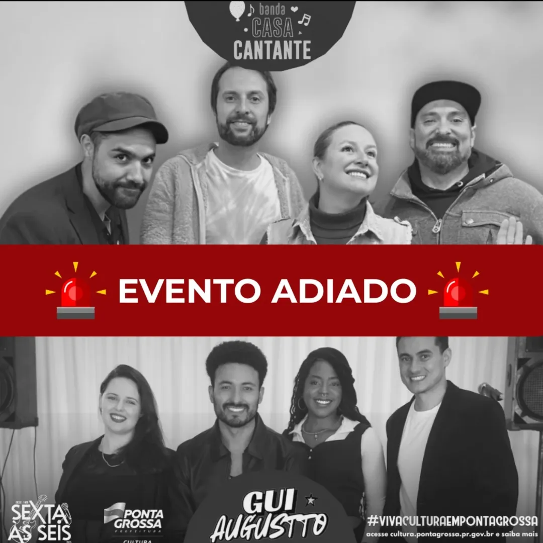 Sexta às Seis tem shows cancelados, imagem mostra bandas em foto preta e branca com tarja dizendo "Evento Adiado".