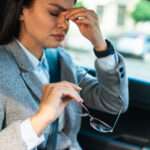 Mulher com a mão na cabeça, no volante