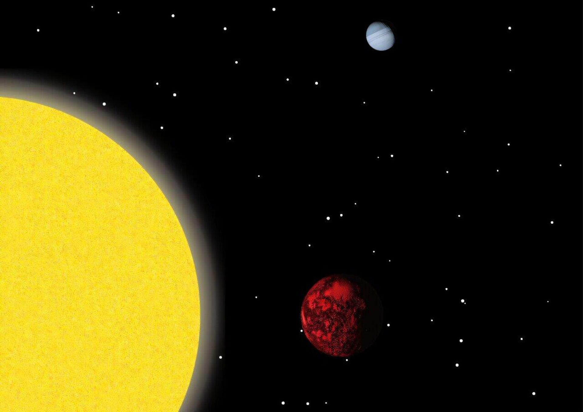 Concepção artística do sistema K2-360, mostrando a super-Terra ultradensa K2-360 b (vermelha) em sua órbita extremamente próxima ao redor de sua estrela semelhante ao Sol, com a companheira mais distante K2-360 c (azul) ao fundo. As temperaturas escaldantes em K2-360 b, que completa uma órbita em apenas 21 horas, provavelmente resultam em uma superfície derretida ou parcialmente derretida Concepção artística do sistema K2-360, mostrando a super-Terra ultradensa K2-360 b (vermelha) em sua órbita extremamente próxima ao redor de sua estrela semelhante ao Sol, com a companheira mais distante K2-360 c (azul) ao fundo. As temperaturas escaldantes em K2-360 b, que completa uma órbita em apenas 21 horas, provavelmente resultam em uma superfície derretida ou parcialmente derretida - Sputnik Brasil, 1920, 09.12.2024
