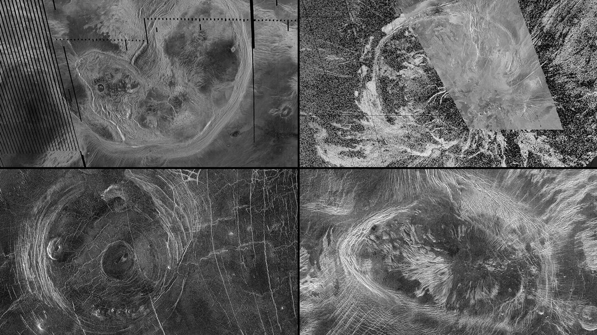 Novas pesquisas sugerem que vastas formações superficiais em Vênus, chamadas coronas, continuam sendo moldadas por processos tectônicos. As observações dessas formações da missão Magellan da NASA incluem, no sentido horário a partir do canto superior esquerdo, as coronas Artemis, Quetzalpetlatl, Bahet e Fotla - Sputnik Brasil, 1920, 15.05.2025