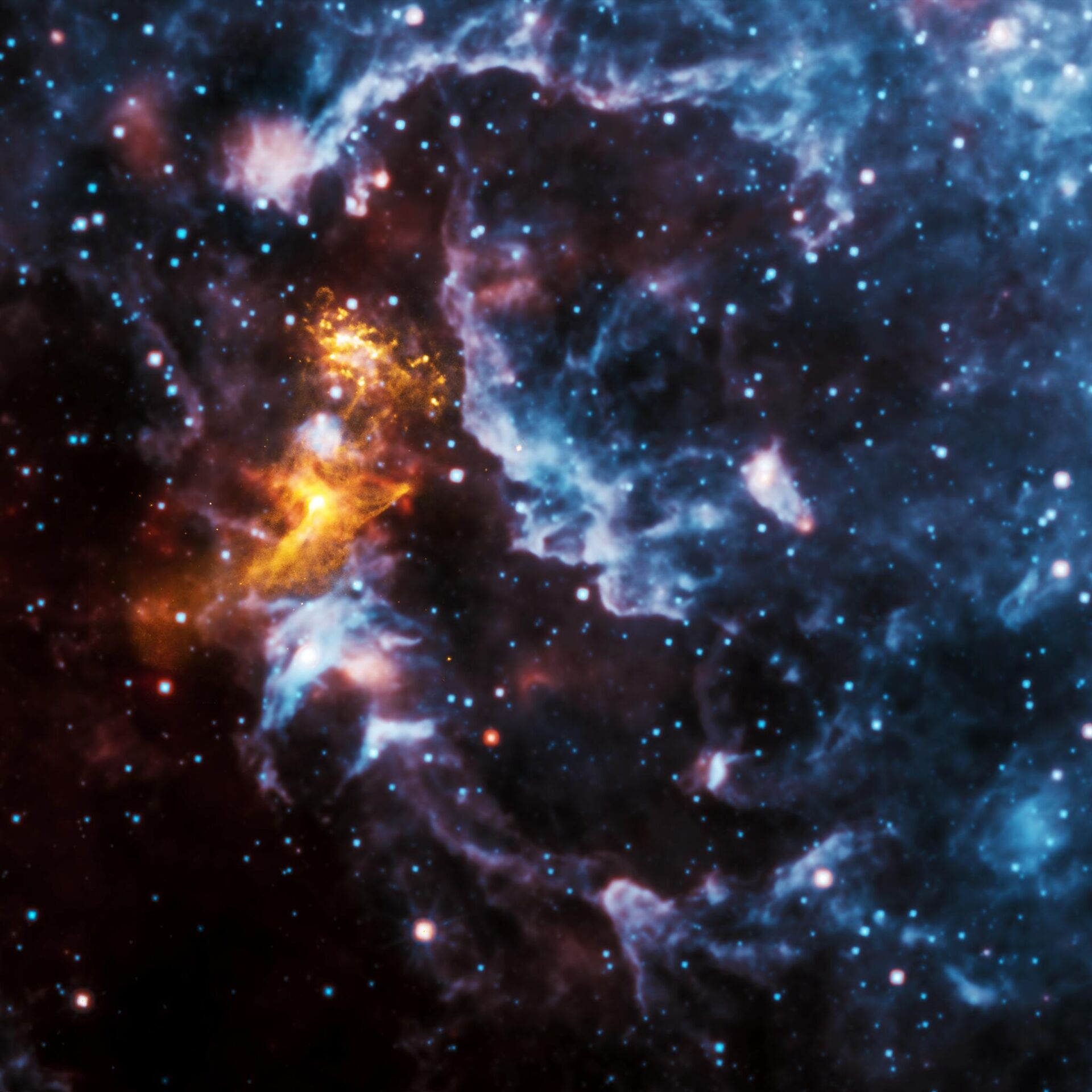 Em uma nova imagem do sistema, raios-X do Chandra em dourado são vistos juntamente com dados infravermelhos do telescópio Wide-field Infrared Survey Explorer (WISE) da NASA em vermelho, verde e azul. A pareidolia — fenômeno psicológico em que as pessoas veem formas reconhecíveis em nuvens — pode ocorrer novamente, já que algumas pessoas relatam ter visto o formato de um rosto nos dados infravermelhos do WISE Em uma nova imagem do sistema, raios-X do Chandra em dourado são vistos juntamente com dados infravermelhos do telescópio Wide-field Infrared Survey Explorer (WISE) da NASA em vermelho, verde e azul. A pareidolia — fenômeno psicológico em que as pessoas veem formas reconhecíveis em nuvens — pode ocorrer novamente, já que algumas pessoas relatam ter visto o formato de um rosto nos dados infravermelhos do WISE - Sputnik Brasil, 1920, 28.05.2025