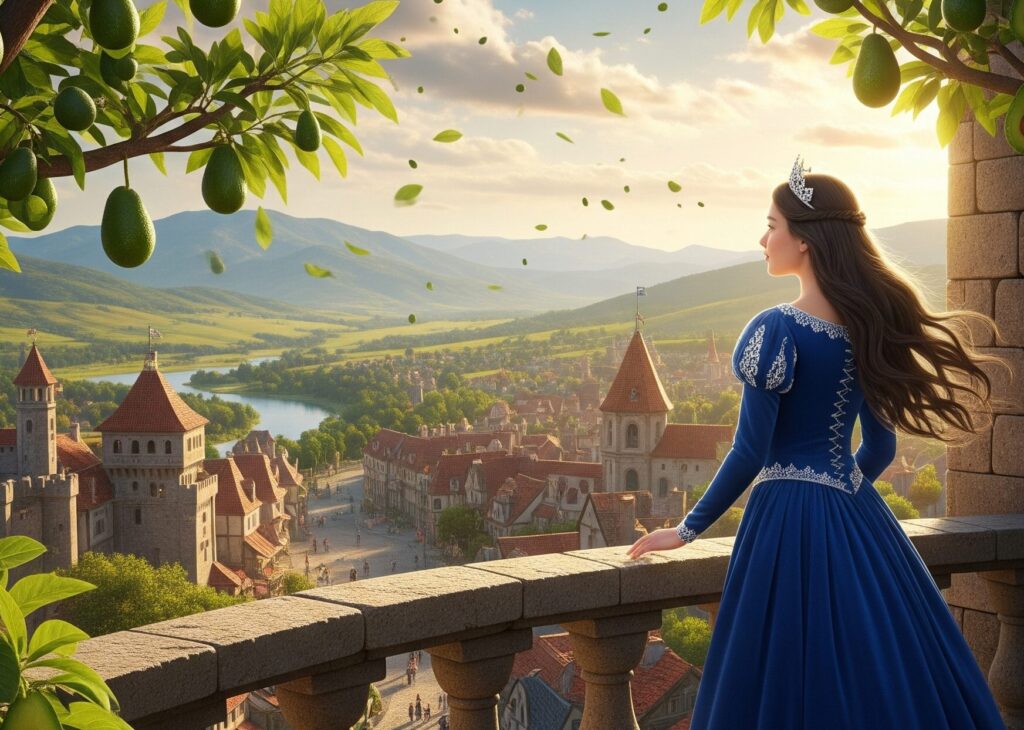 Princesa observando seu reino, da sacada de seu castelo, tendo um abacateiro ao lado