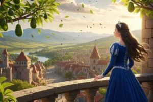 Princesa observando seu reino, da sacada de seu castelo, tendo um abacateiro ao lado