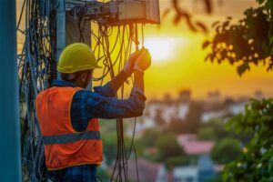 Eletricista trabalhando com os cabos relecom