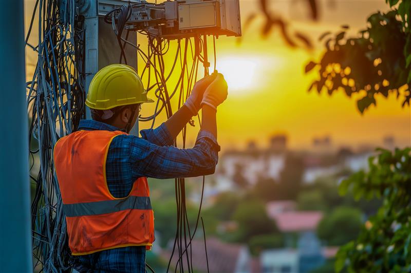 Eletricista trabalhando com os cabos relecom