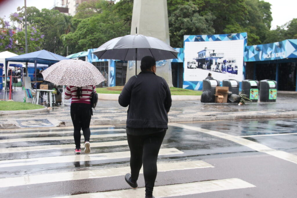 Imagem com mulher portando guarda-chuva atravessando a rua ilustra a previsão do tempo.