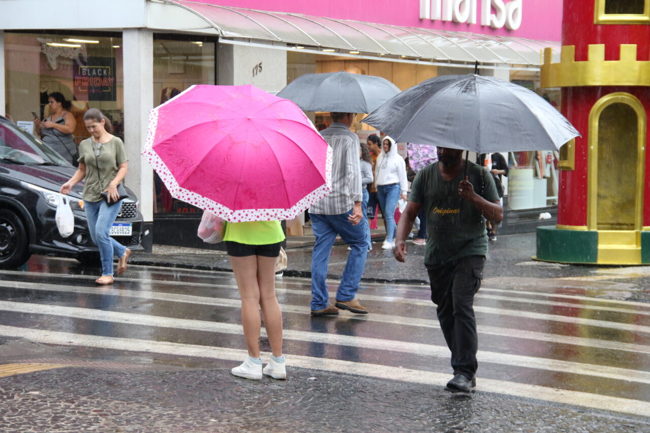 Pessoas com guarda-chuva e tempo chuvoso ilustram Previsão do tempo em PG