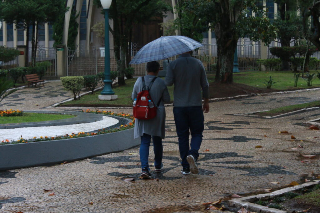 Fotos de pessoas caminhando com guarda chuva ilustra a previsão do tempo