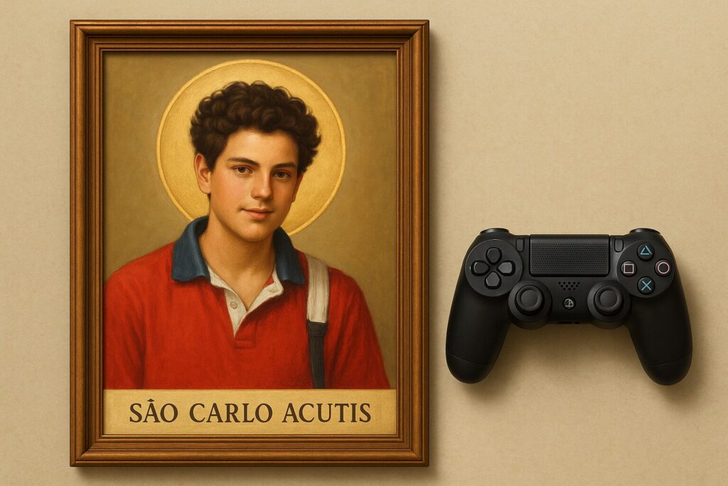 Representação de um quadro de Carlo Acutis e um controle de Playstation ao lado