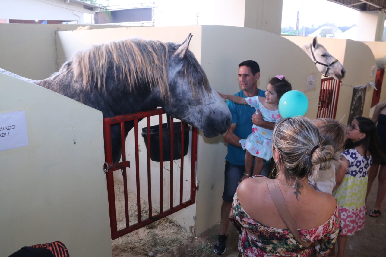 Família aprecia cavalo em exposição na EFAPI 2024