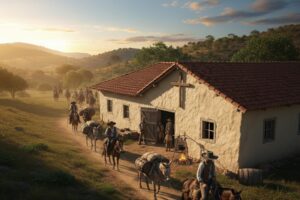 Imagem ilustrativa mostra um grupo de cavaleiros conduzindo mulas, em uma estrada que passa diante de capela, possivelmente na região sul do Brasil, nos anos 1800