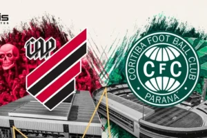 Arte simbolizando Athletico contra Coritiba, com os escudos sobre os estádios Arena da Baixada e Couto Pereira