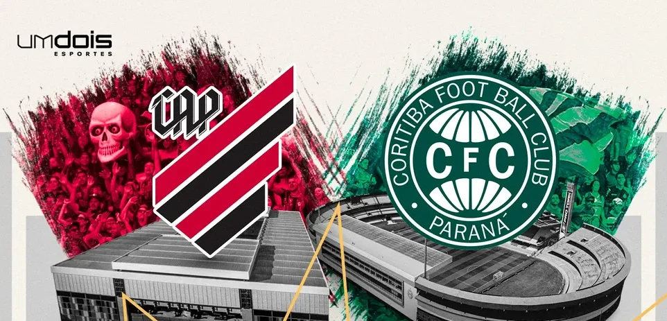 Arte simbolizando Athletico contra Coritiba, com os escudos sobre os estádios Arena da Baixada e Couto Pereira