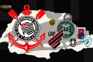 Arte do Estado do Paraná com os escudos do Corinthians, Athletico, Coritiba, Operário, FC Cascavel e Maringá, distribuídos aleatoriamente pelo espaço do mapa.