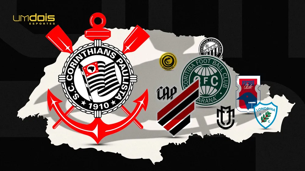 Arte do Estado do Paraná com os escudos do Corinthians, Athletico, Coritiba, Operário, FC Cascavel e Maringá, distribuídos aleatoriamente pelo espaço do mapa.