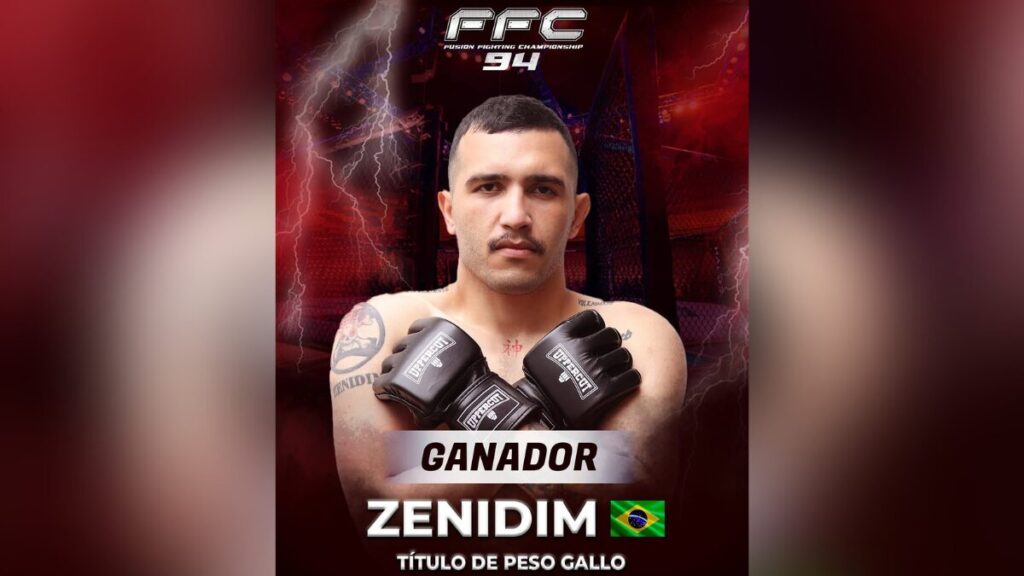 Lutador Rickson Zenidim em fundo vermelho com inscrições de campeão peso galo do FFC