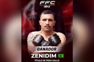 Lutador Rickson Zenidim em fundo vermelho com inscrições de campeão peso galo do FFC