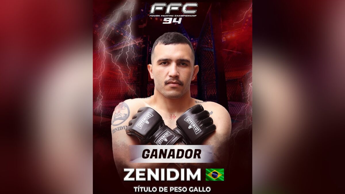Lutador Rickson Zenidim em fundo vermelho com inscrições de campeão peso galo do FFC