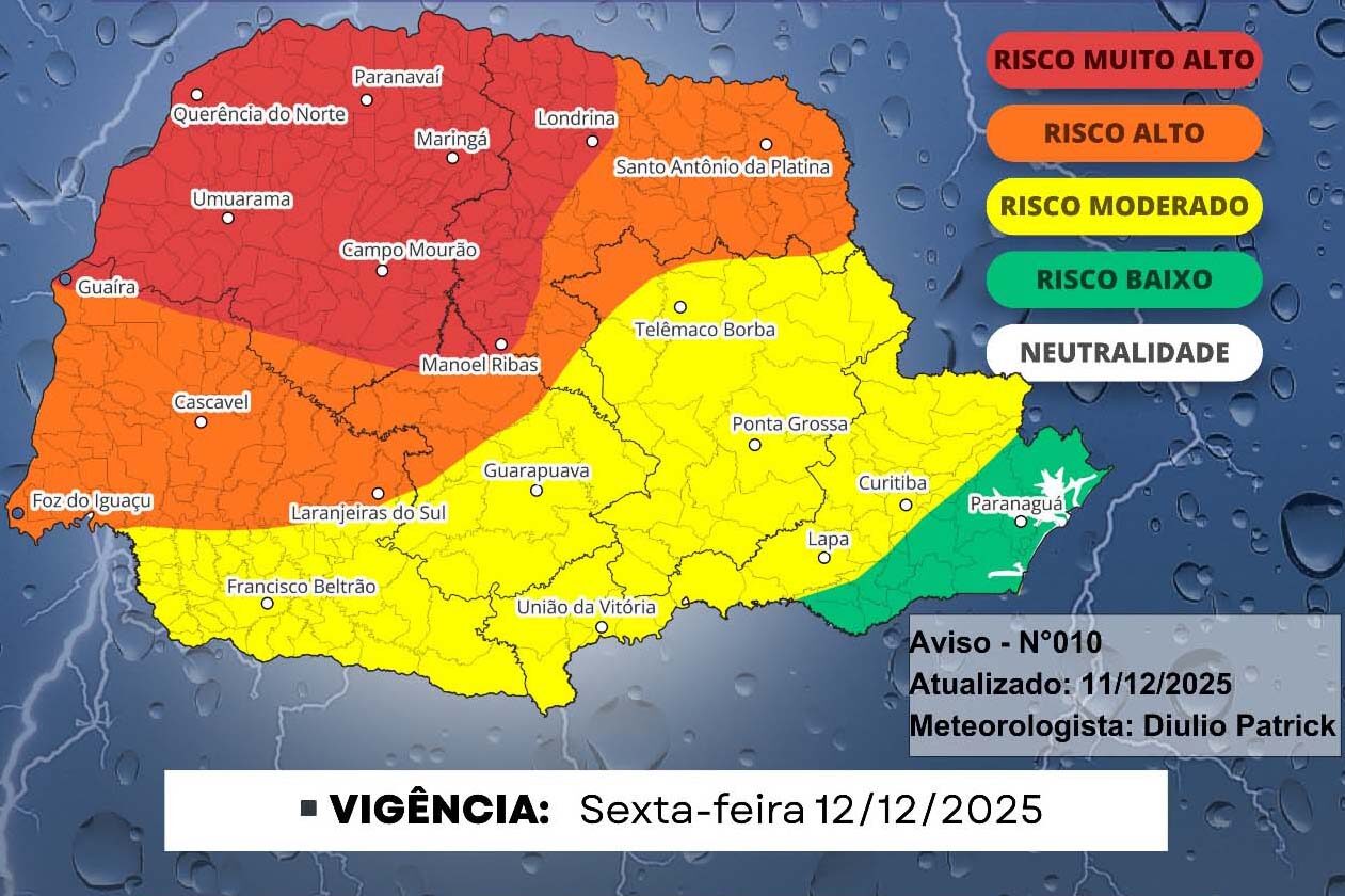 Previsão do tempo: mapa de riscos de tempestade do Simepar