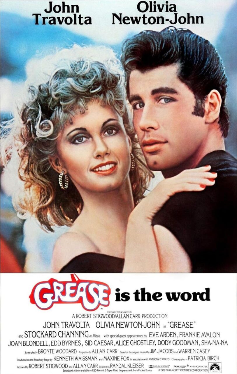 Cartaz original do filme Grease, com John Travolta e Olivia Newton John