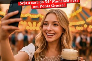 Imagem de jovem segurando caneca de chope escuro e fazendo uma selfie
