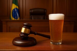 Mesa de tribunal com martelo e copo com cerveja