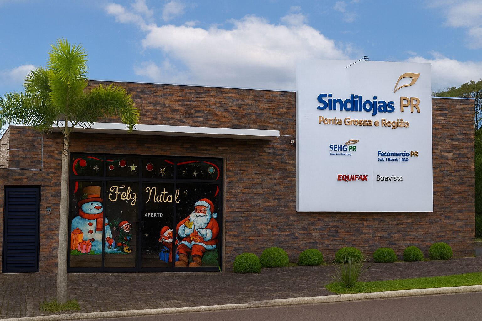 Fachada do Sindilojas Ponta Grossa com decoração natalina em janela de vidro