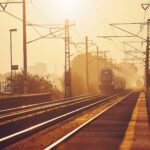Passenger train at sunrise.