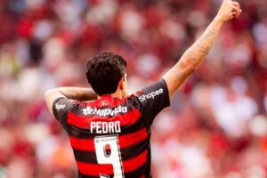 Pedro comemorando o terceiro gol do Flamengo no jogo contra o Palmeiras
