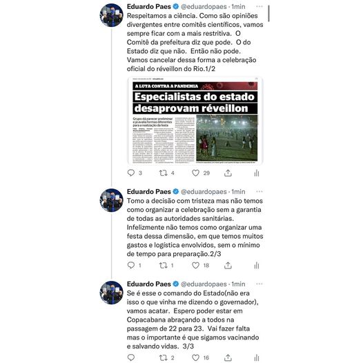 Print de post nas redes sociais no qual Eduardo paes fala sobre reveillon
