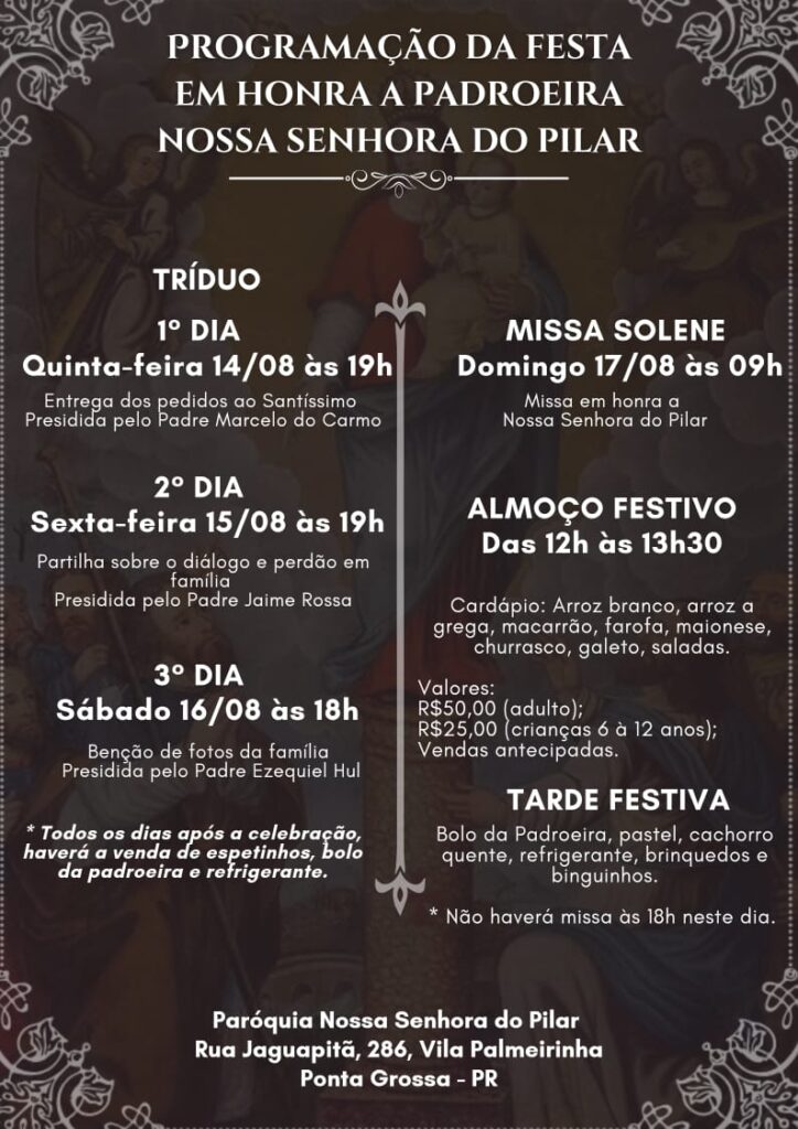Programação da Festa de Nossa Senhor do Pilar 2025 em Ponta Grossa