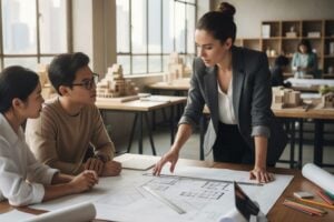 Grupo de arquitetos analisando projeto em uma empresa