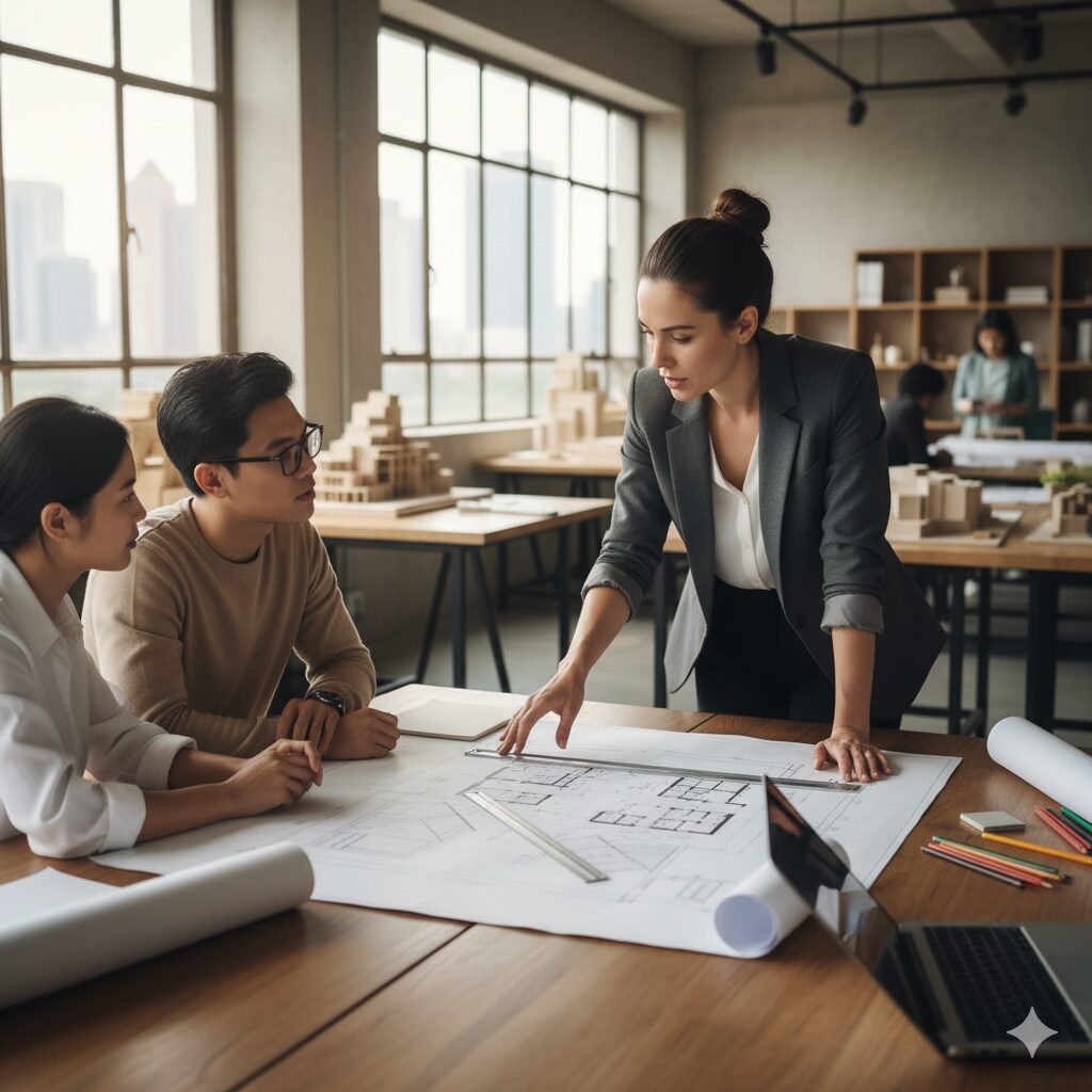 Grupo de arquitetos analisando projeto em uma empresa