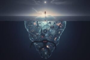 Imagem mostra um Iceberg, tendo no topo uma pessoa, e no gelo submerso os diversos medos que a compõem