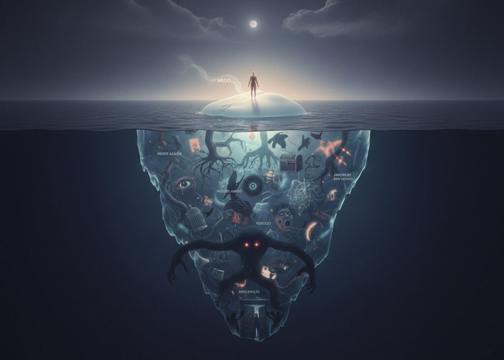 Imagem mostra um Iceberg, tendo no topo uma pessoa, e no gelo submerso os diversos medos que a compõem