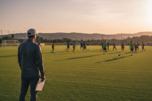 Técnico de futebol observa sua equipe treinando no campo