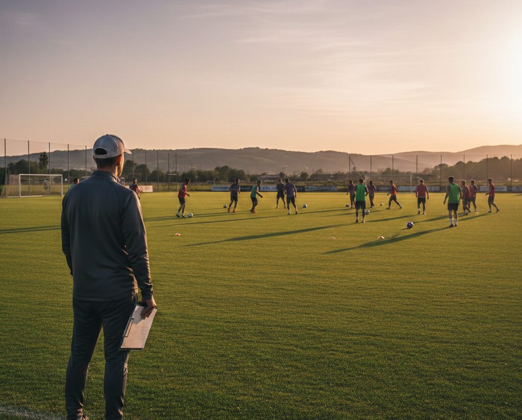 Técnico de futebol observa sua equipe treinando no campo