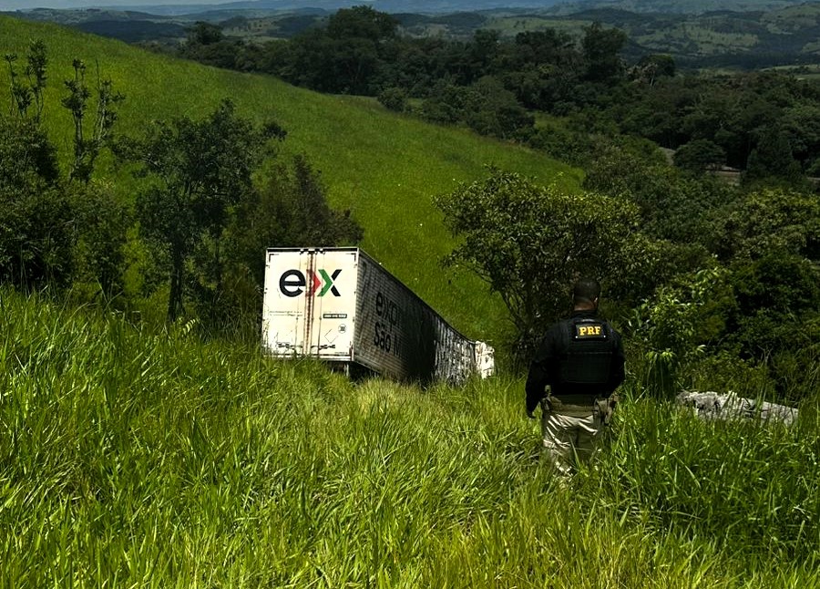 Caminhão saiu da pista e pegou fogo