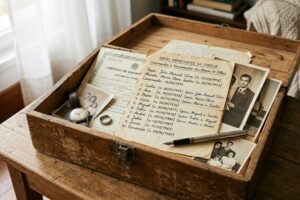 Caixa de madeira com fotos e documentos