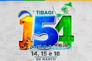 Arte de divulgação dos 154 anos de Tibagi, com o 1 em cor amarela, 5 em cor azul e o 4 em cor verde