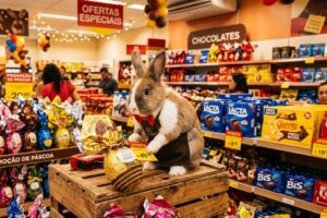 Coelhinho etiquetando ovos de Páscoa em um supermercado