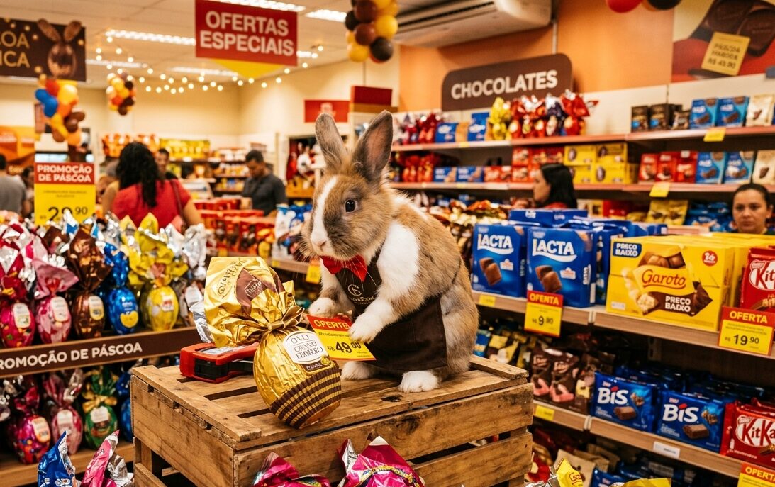 Coelhinho etiquetando ovos de Páscoa em um supermercado