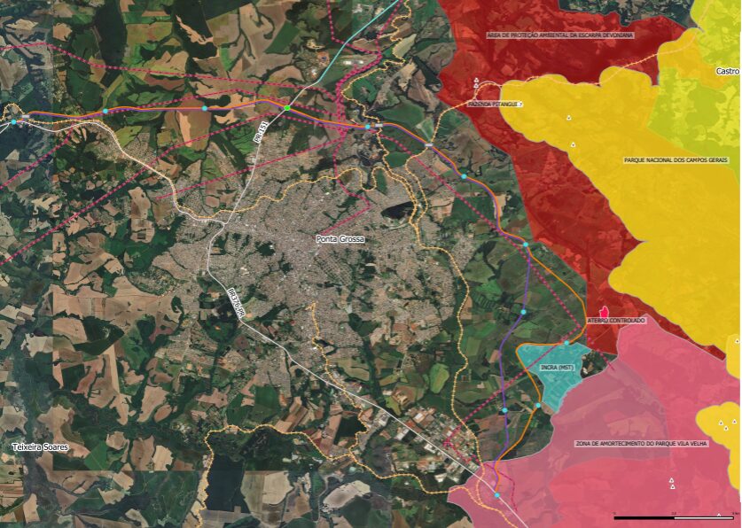 Mapa de novo contorno rodoviário em Ponta Grossa